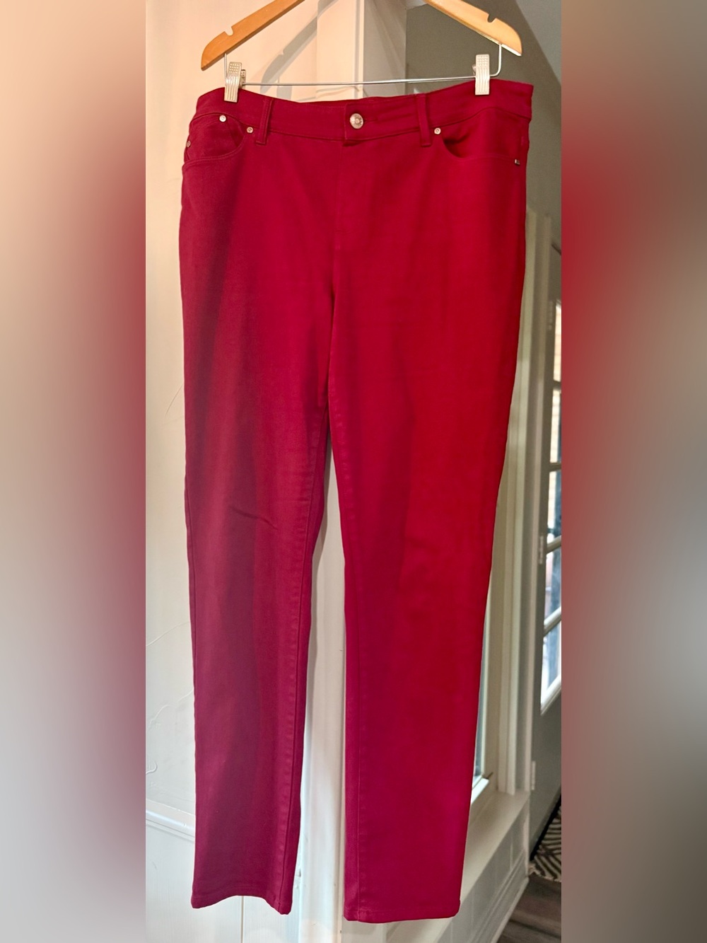 The PLATINUM JEGGING BY CHICO'S 1.5 (10) RED STRETCH DENIM JEANS PANTS
